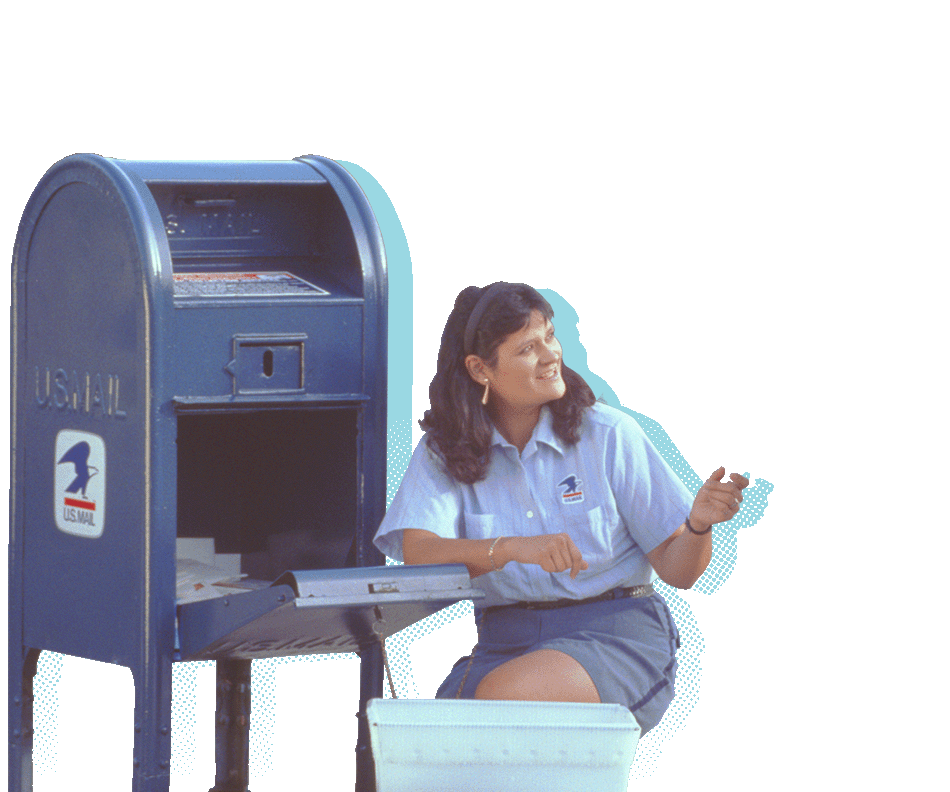 A mail carrier crouches by an open blue collection box.