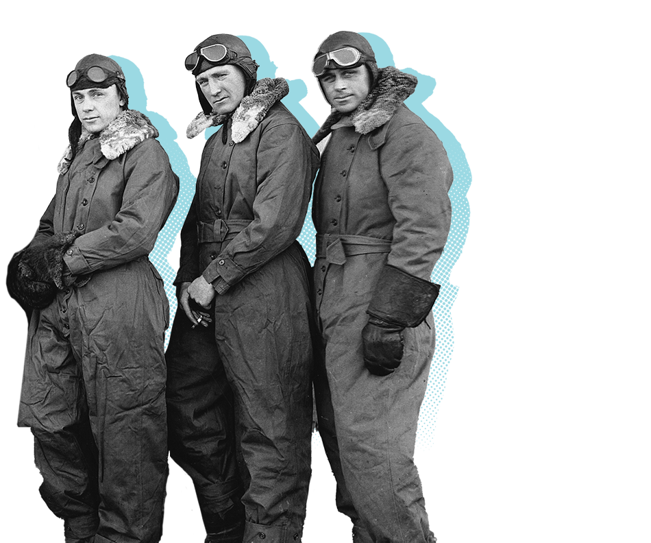 Three air mail pilots stand in a row.