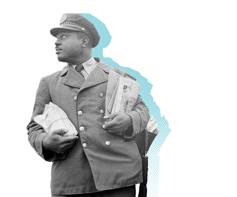 A mail carrier holds a stack of letters in one arm and magazines in the other.