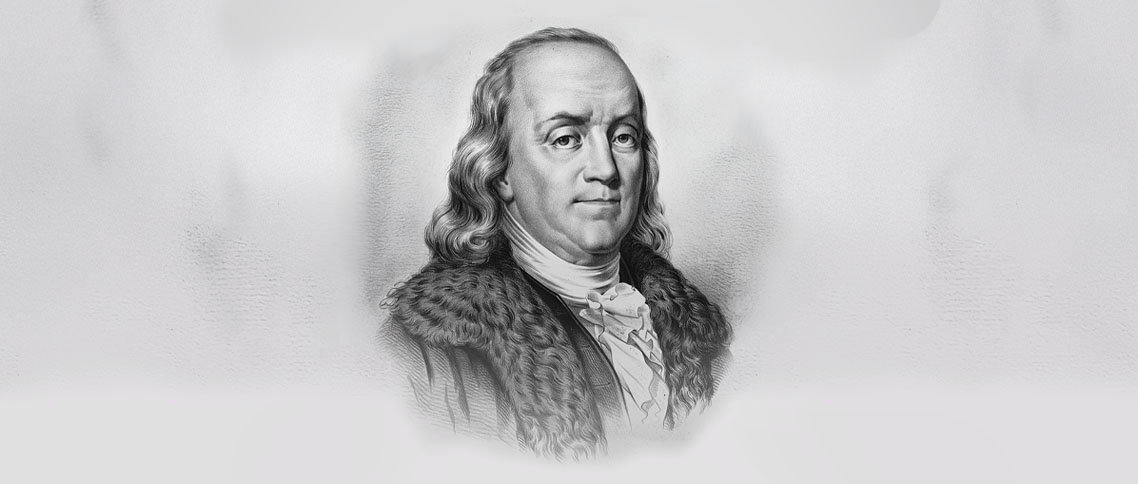 A black-and-white pencil drawing of Benjamin Franklin wearing a cravat.