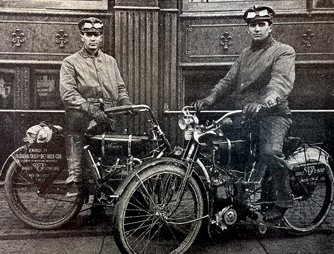 A vintage photograph featuring two men and their motorcycles.