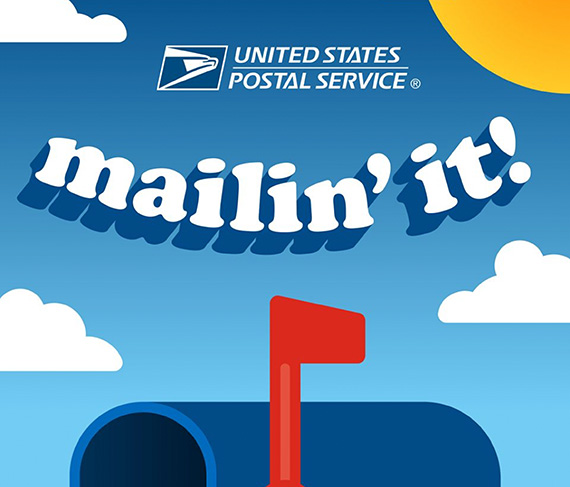 An illustrated mailbox with a sunny sky in the background and white lettering spelling "Mailin' It!" all across.