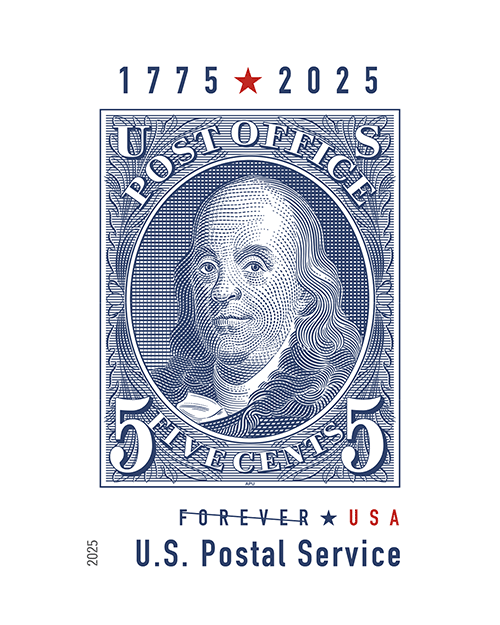 A five-cent postage stamp depicting a blue-and-white portrait of Benjamin Franklin with the years "1775" and "2025" displayed at the top.