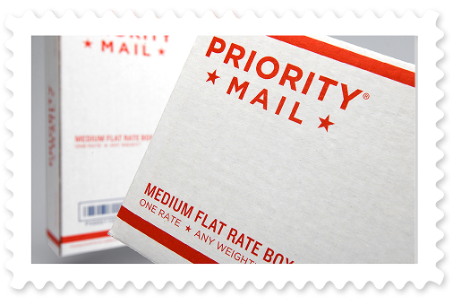 A closeup of a red-and-white Priority Mail® box with an identical one blurred out in the background.