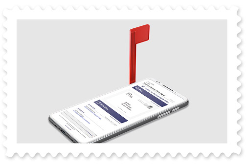 An Informed Delivery ® email depicted on a smartphone screen with a raised mailbox flag attached to the phone.