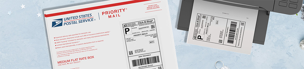 A snowy background with Priority Mail packaging and a Click-N-Ship label in a printer tray.