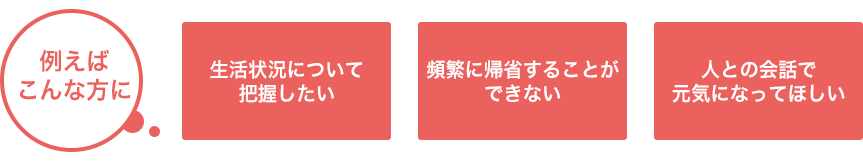 例えばこんな方に「生活状況について把握したい」「頻繁に帰省することができない」「人との会話で元気になってほしい」