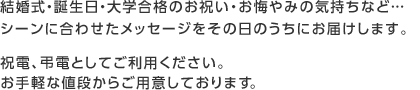 結婚式・誕生日・大学合格のお祝い、お悔やみの気持ちなど…シーンに合わせたメッセージをその日のうちにお届けします。祝電、弔電としてご利用ください。お手軽な値段からご用意しております。