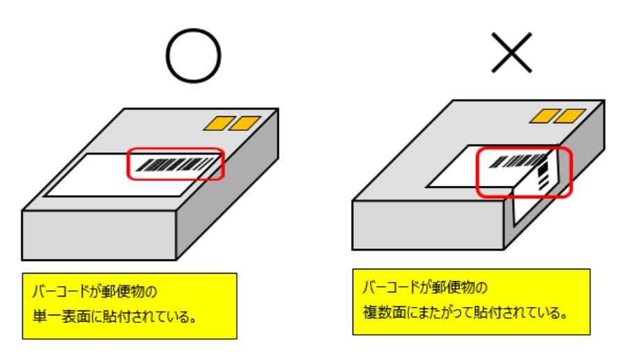 ○：バーコードが郵便物の単一表面に貼付されている。 ×：バーコードが郵便物の複数面にまたがって貼付されている。