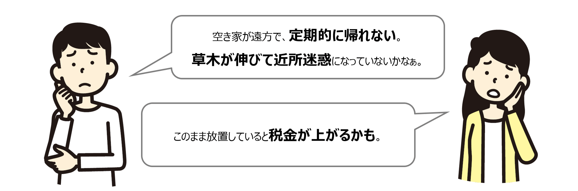 空き家が遠方で、定期的に手入れに帰れない　このまま放置していると税金が上がるかも　草木が伸びて近所迷惑になっていないか心配