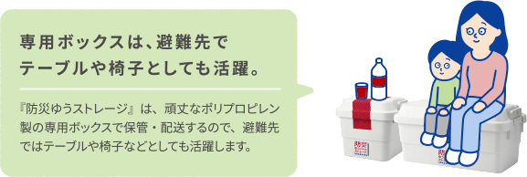 専用ボックスは、避難先でテーブルや椅子としても活躍。『防災ゆうストレージ』は、頑丈なポリプロピレン製の専用ボックスで保管・配送するので、避難先ではテーブルや椅子などとしても活躍します。