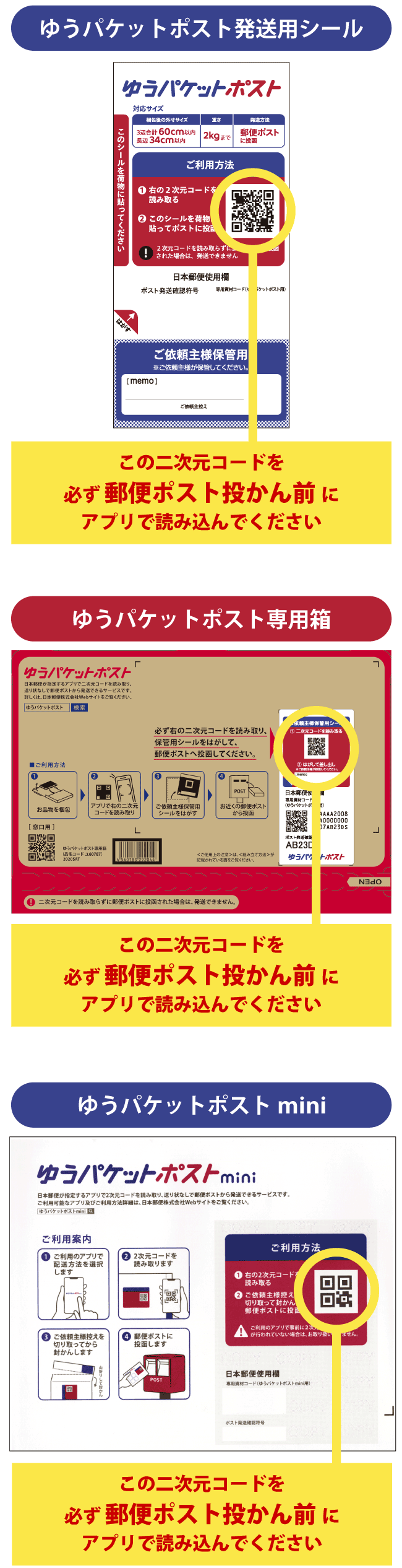 この二次元コードを必ずポスト投かん前にアプリで読み込んでください